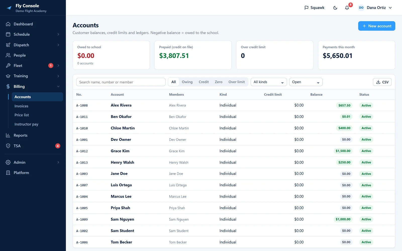 Accounts list with balances, credit limits and payments this month