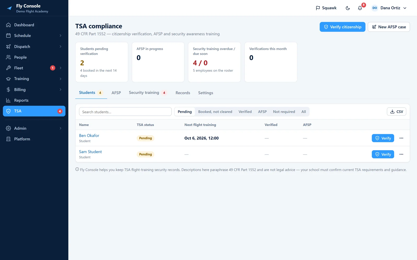TSA compliance page with students pending verification